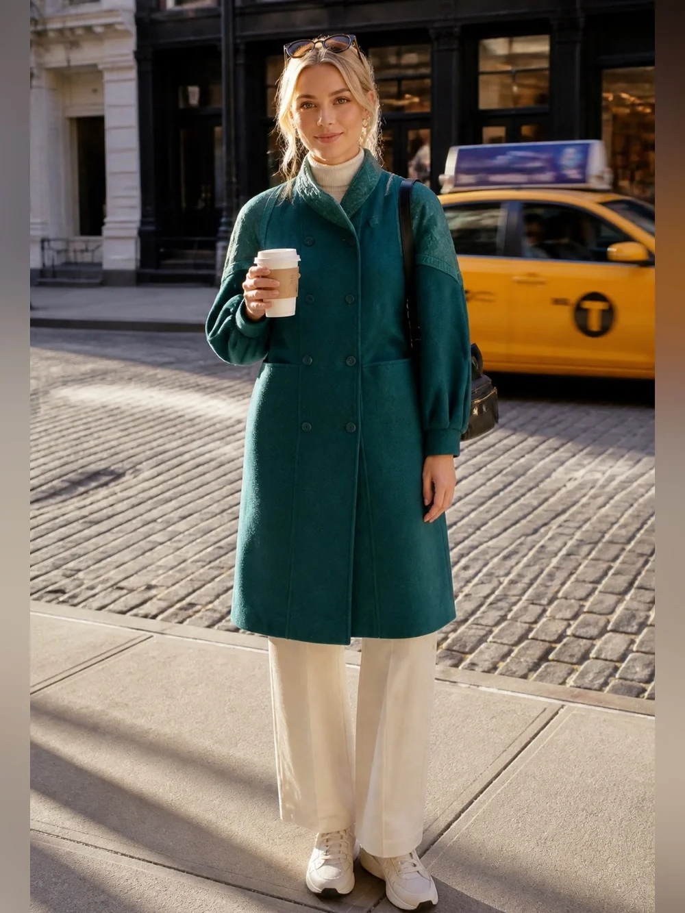 Vintage 80s Luba Paris 100% Wool Leather Trim Emerald Green Long Coat M/L - Picture 2 of 8